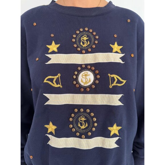 90s vintage navy blue sailor print nautical anchor embroidered pullover sweater - Picture 8 of 9